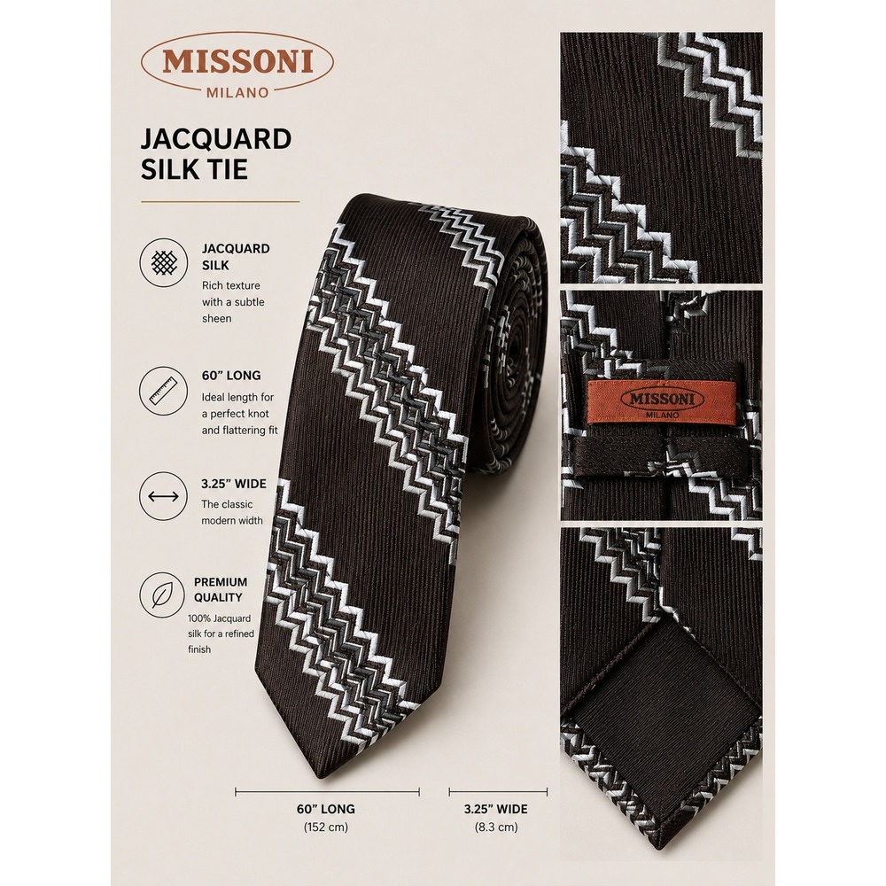 Missoni Silk Necktie Brown Silver White Zigzag Chevron Designer 60" L 3.25W